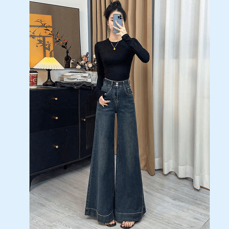 High-Waisted Wide-Leg Jeans For Women In Autumn, Loose, Slim, Longed, Versatile Stretch Straight Pants For Small People