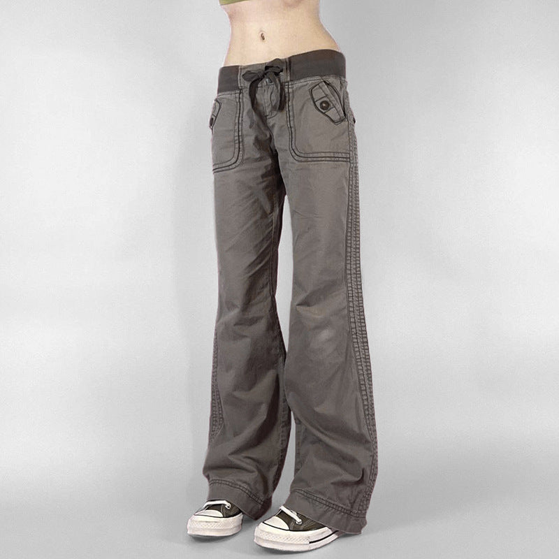 Foreign Trade American Style Retro Street Pocket Hot Girl Straight Tooling Trousers Women's Casual Outdoor Strap Low Waist Jeans