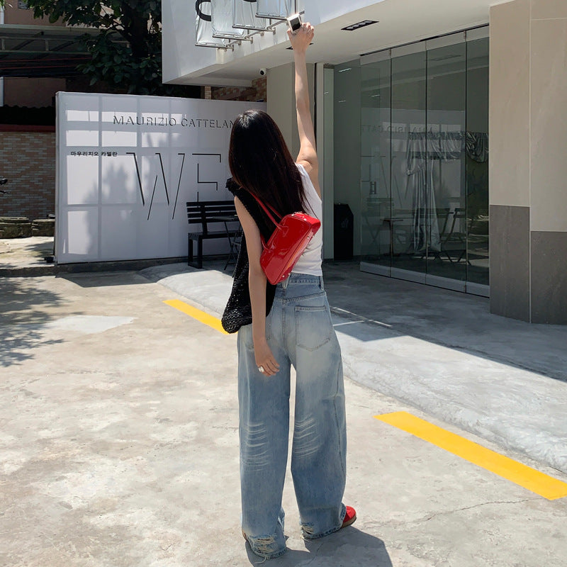 American-style Grinding White Scratch Wide Leg Low Waist Slimming Loose Dipped Straight Jeans For Children