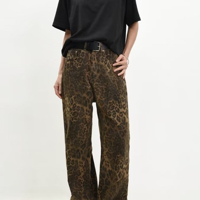 2023 New Original American Retro Leopard Print Jeans Straight Loose Men's And Women's Autumn And Winter Trendy Leopard Print Casual Pants
