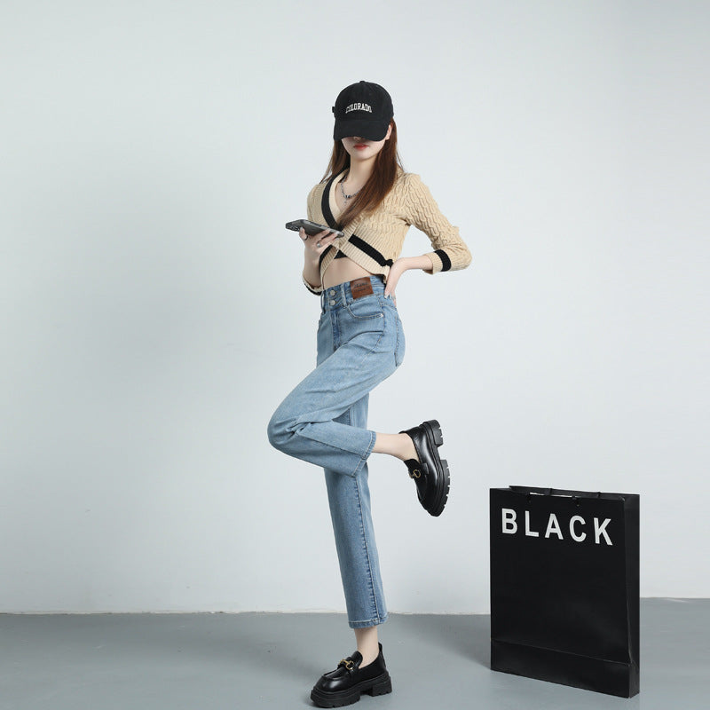 2025 Spring And Summer Hot Style Tall And Slim Straight-Leg Nine-Point Jeans Women's Fashionable High Waist Leg-Length Cigarette Pants