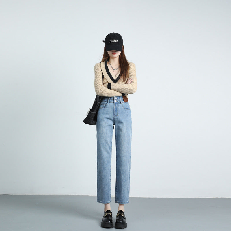 2025 Spring And Summer Hot Style Tall And Slim Straight-Leg Nine-Point Jeans Women's Fashionable High Waist Leg-Length Cigarette Pants