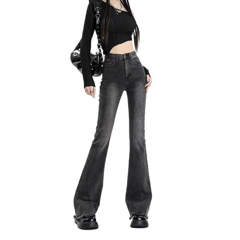 Black And Gray Raw Edge Bootcut Jeans For Women In Spring & Fall Guangzhou Supply High Waist Slimming Look Large Size Elastic Flared Horseshoe Pants