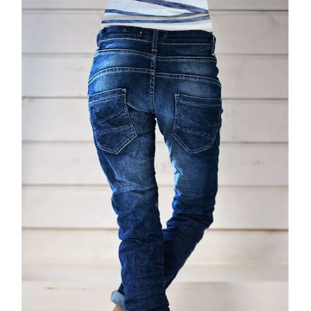 2022 New Product Cross-Border European And American Ripped Denim Drawstring Elastic Waist Washed Casual Pants For Women Trendy