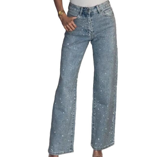 Foreign Trade European And American Amazon Women's Full Diamond Washed Jeans Women's High-End High-Waisted Straight Pants Sexy Pants
