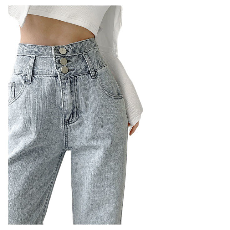 Hyun Ya Style Vintage High Waist Breasted Jeans Women's Summer Loose Straight Wide Leg Trousers All-match Slimming Floor-length Pants
