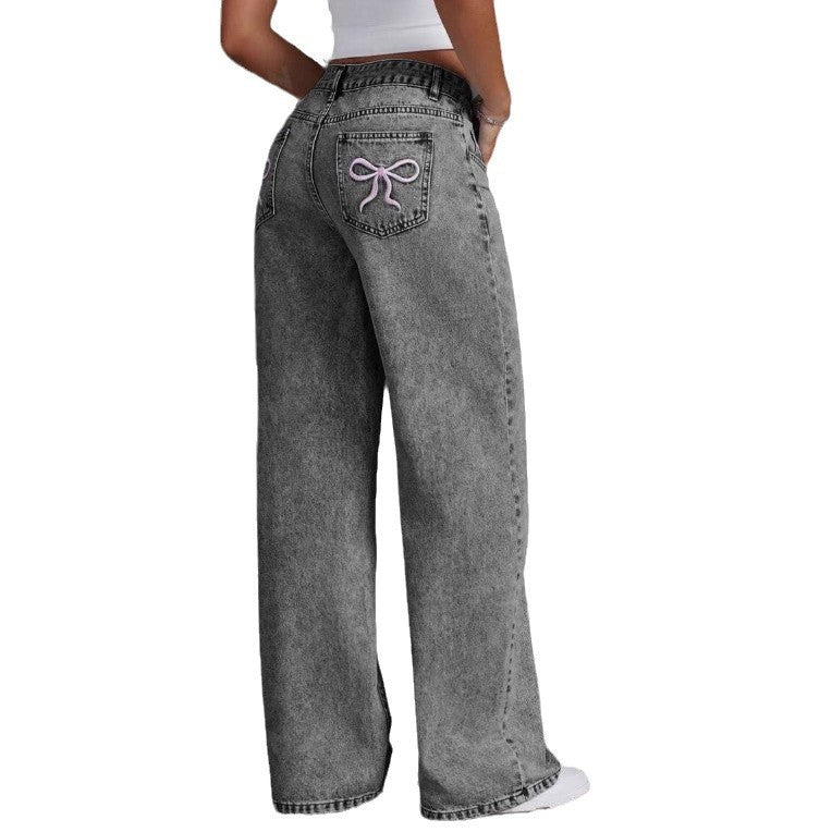 Cross-Border Shein Amazon Bow Embroidered Jeans For Women, Sweet And Spicy Style High-Waisted Straight Pants, Loose Pants