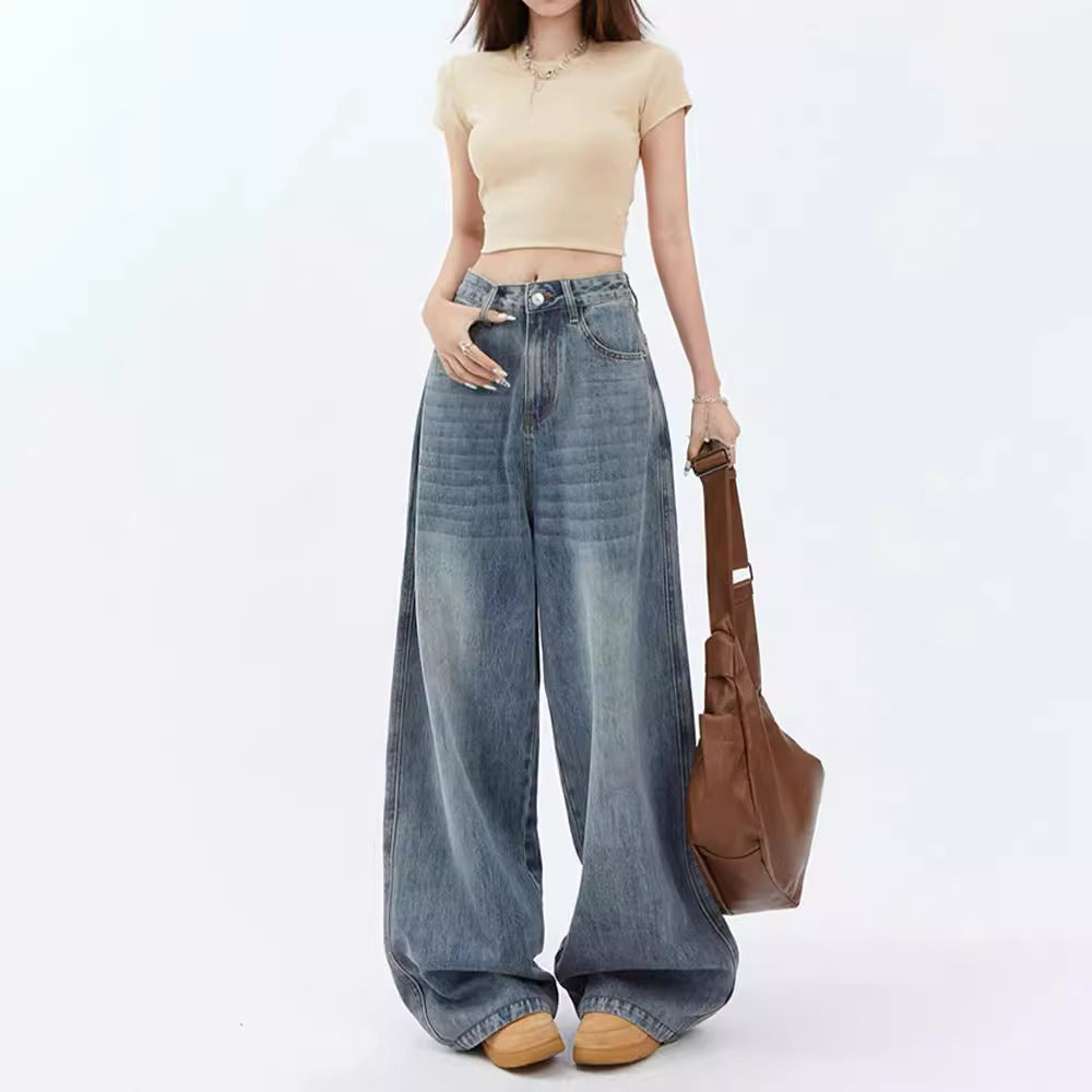 American Style Lazy Wide Leg Jeans Women's Autumn 2024 New High Waist Loose Slimming Straight Pants