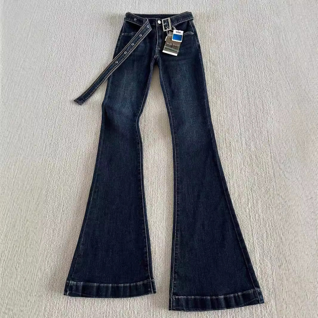 Belt Low Waist Slim-fit Retro Hong Kong-style Micro-flared Jeans Women's Autumn And Winter High-fit Slimming Stretch Trousers