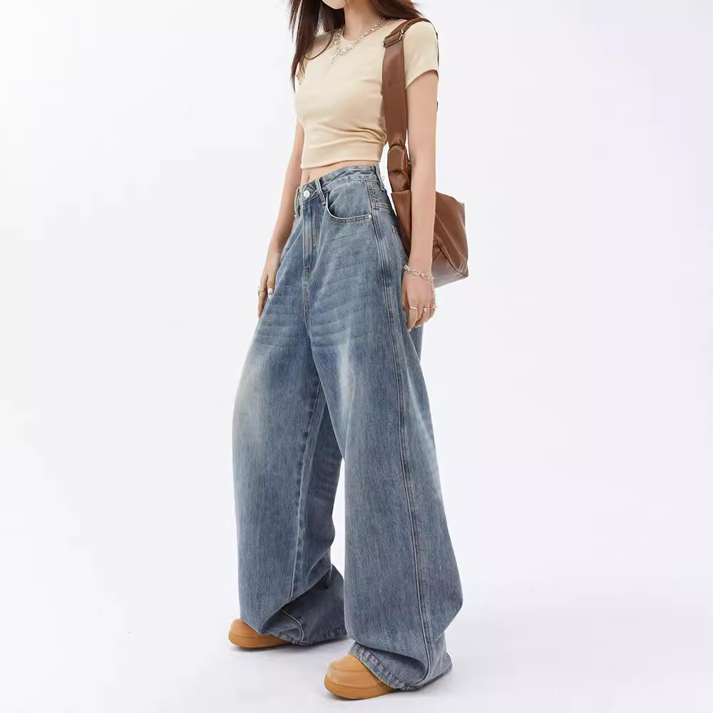 American Style Lazy Wide Leg Jeans Women's Autumn 2024 New High Waist Loose Slimming Straight Pants