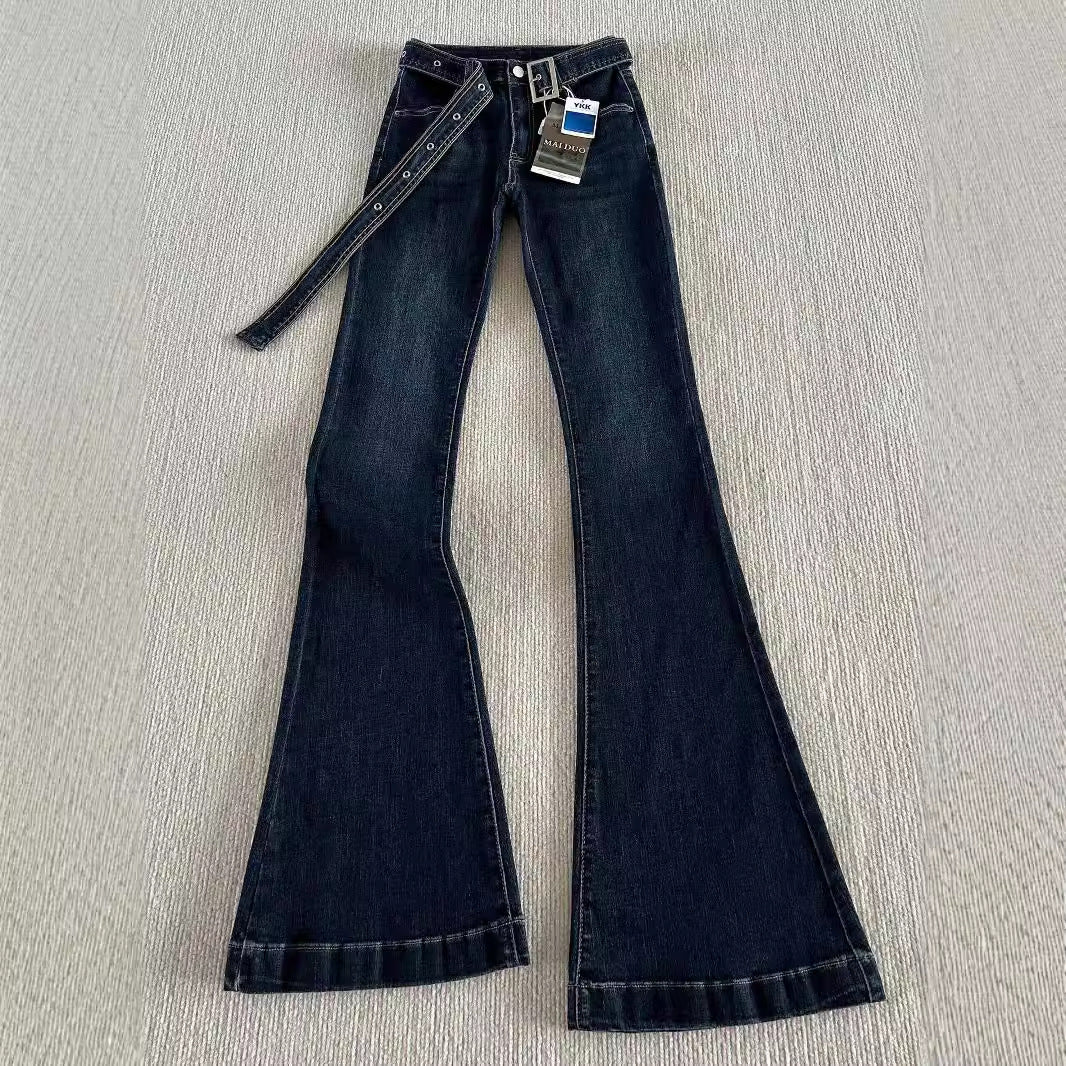 Belt Low Waist Slim-fit Retro Hong Kong-style Micro-flared Jeans Women's Autumn And Winter High-fit Slimming Stretch Trousers