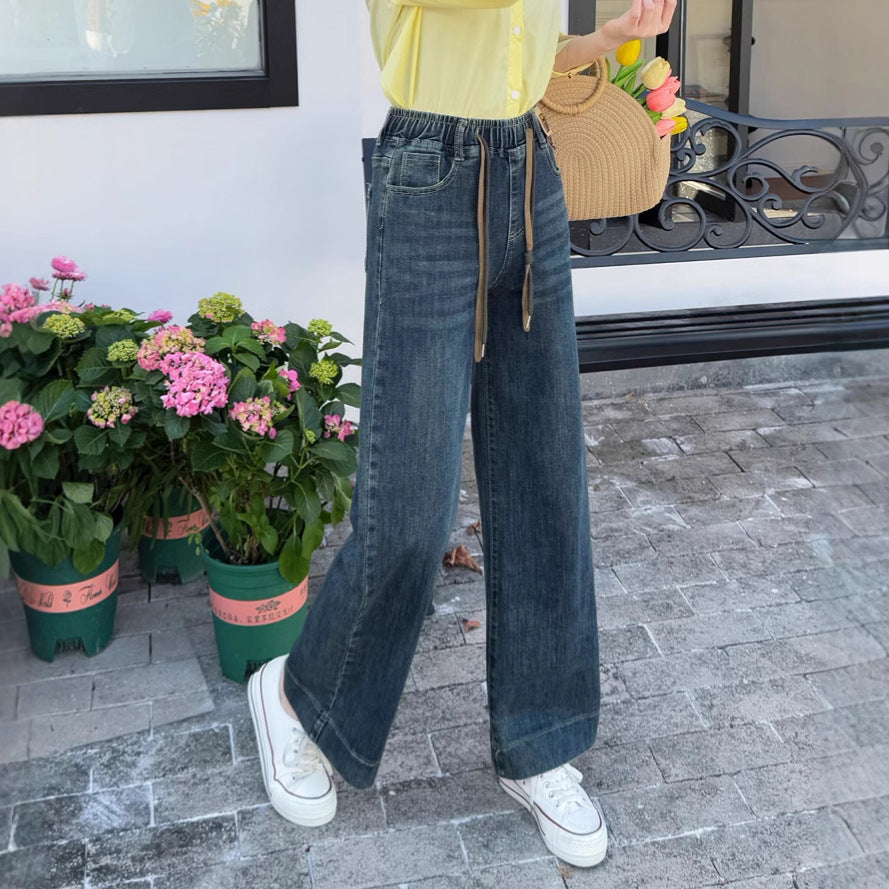 Women's Elastic Waist Jeans 2025 New Spring High Waist Loose Casual Pants Women's Slim Narrow Straight Pants