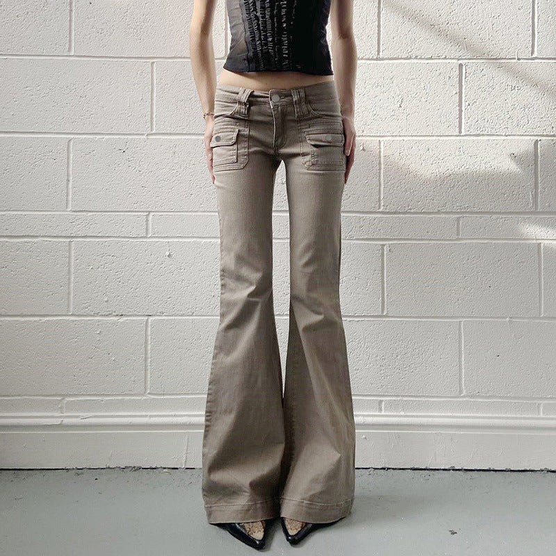 Sexy Spice Girl Low-waisted Slim-fit Slimming Pocket Flared Pants Women's Light Industrial Wear Cool Casual Jeans For Autumn 2024