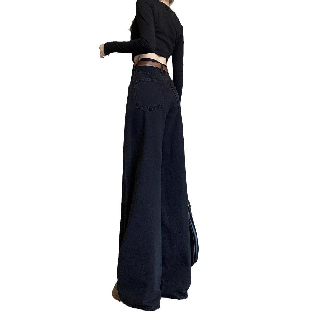 Spring New Design Black Retro Wide-Leg Jeans For Women High-Waisted Loose Slimming Straight-Leg Floor-Length Trousers