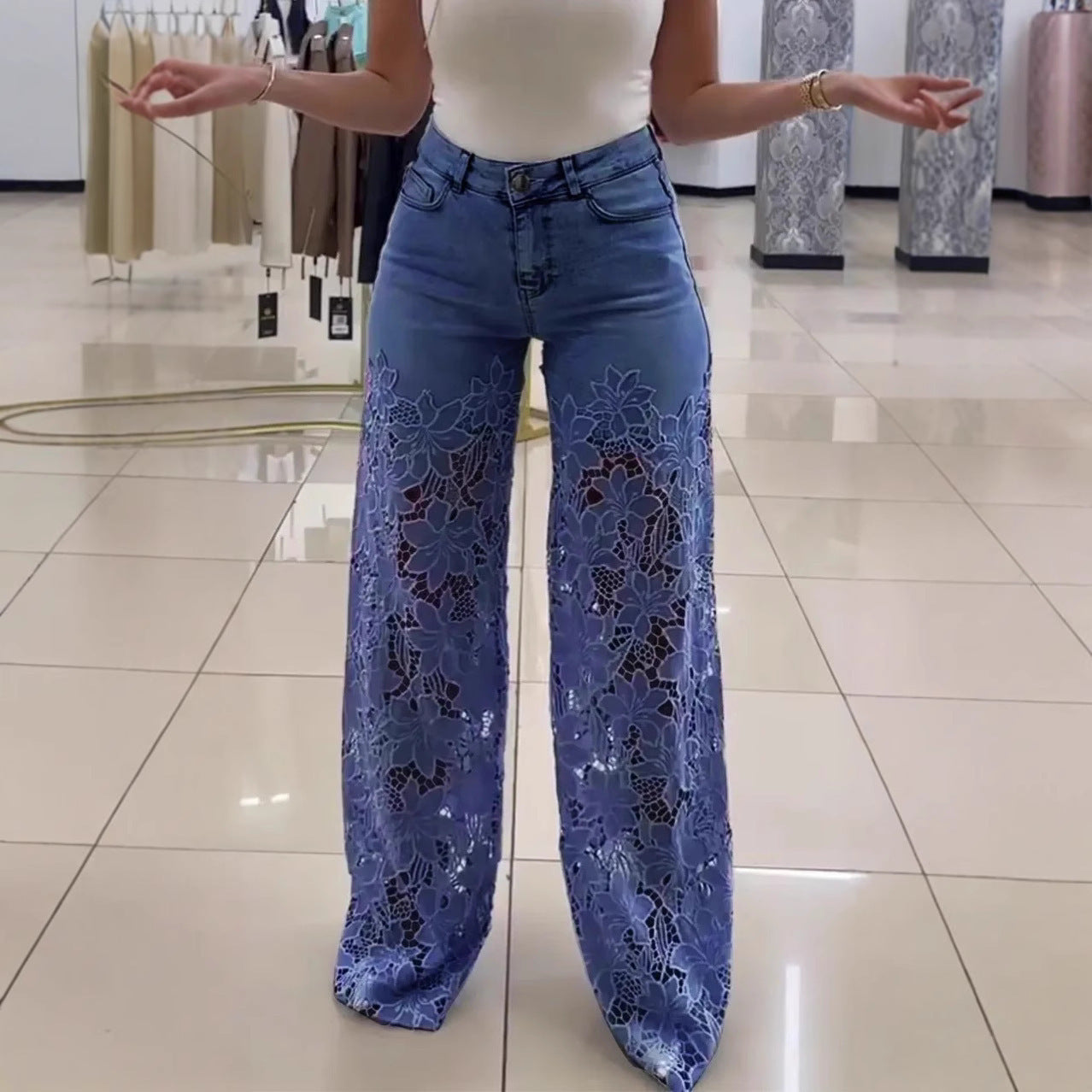 2025 High-Waisted Wide-Leg Pants For Women, Spring And Summer Fashion, Versatile, Hollow Lace Splicing Denim Draped Pants