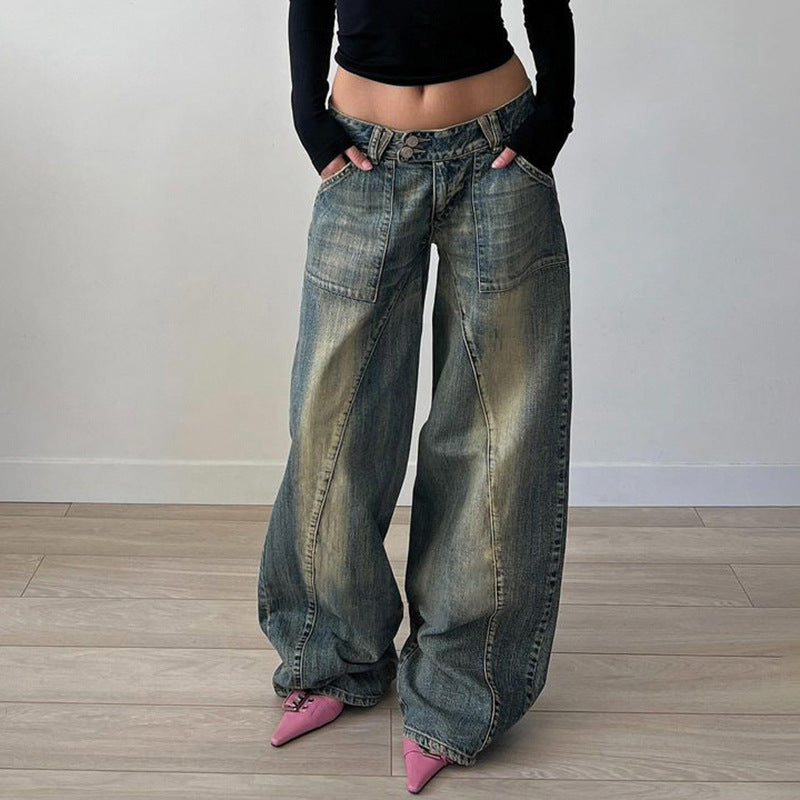 2024 Amazon Women's Clothing Base Washed Split Low Waist Loose Jeans Spice Girl Personality Slimming Casual Pants