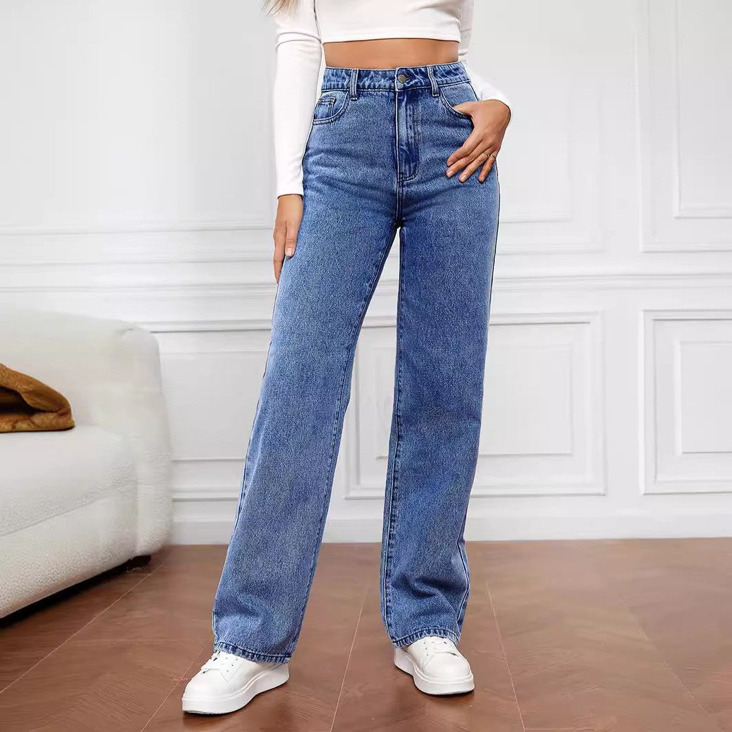 New Amazon Aliexpress Cross-Border European And American Women's Jeans Women's High-Waist Slim Straight Denim Trousers Hot Style