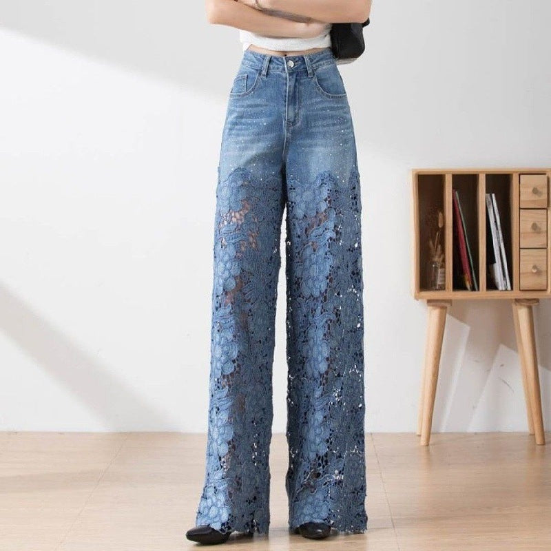 High-Waisted Wide-Leg Pants For Women 2025 Summer New Fashion Elegant Versatile Hollow Lace Splicing Denim Draped Pants