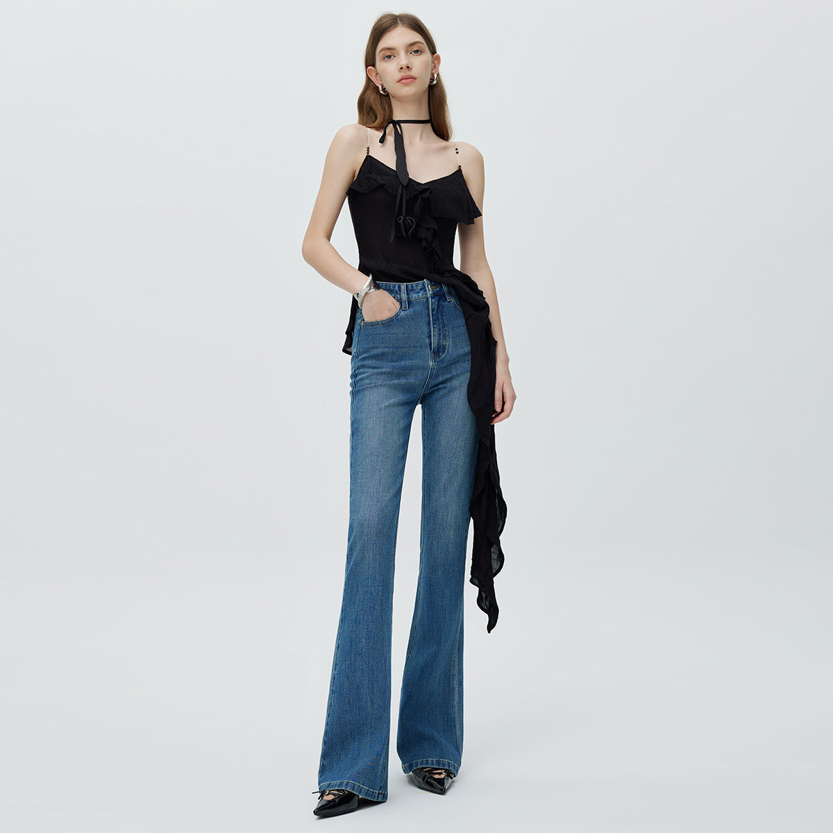 High-End 2025 New Four-Way Stretch Flared Stretch Jeans For Women Dark Blue Slim Fit Versatile Long Pants Trendy