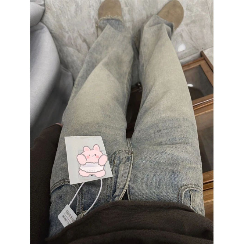Small Tall Distressed Cement Frayed Straight Jeans For Women 2024 Spring And Summer New Draping Pants
