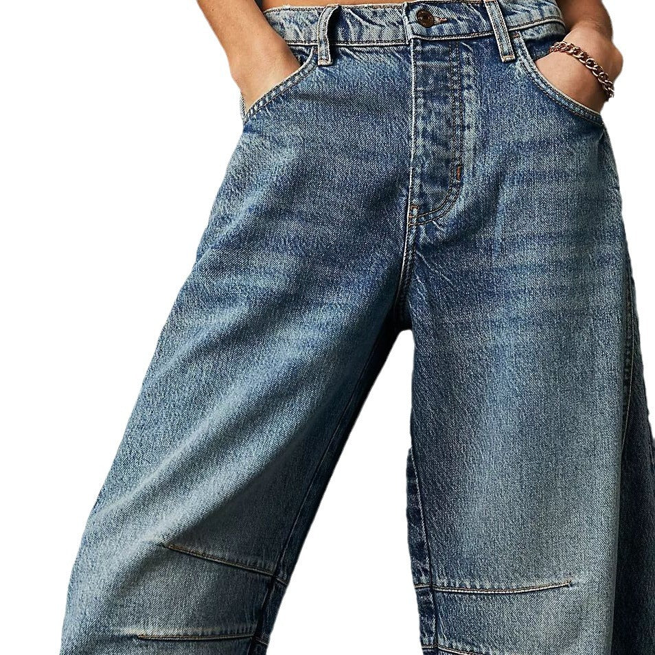 2025 European And American Cross-Border Temu Fashionable Casual Women's Loose Wide-Leg Pants Mid-Low Waist Washed Denim Pants