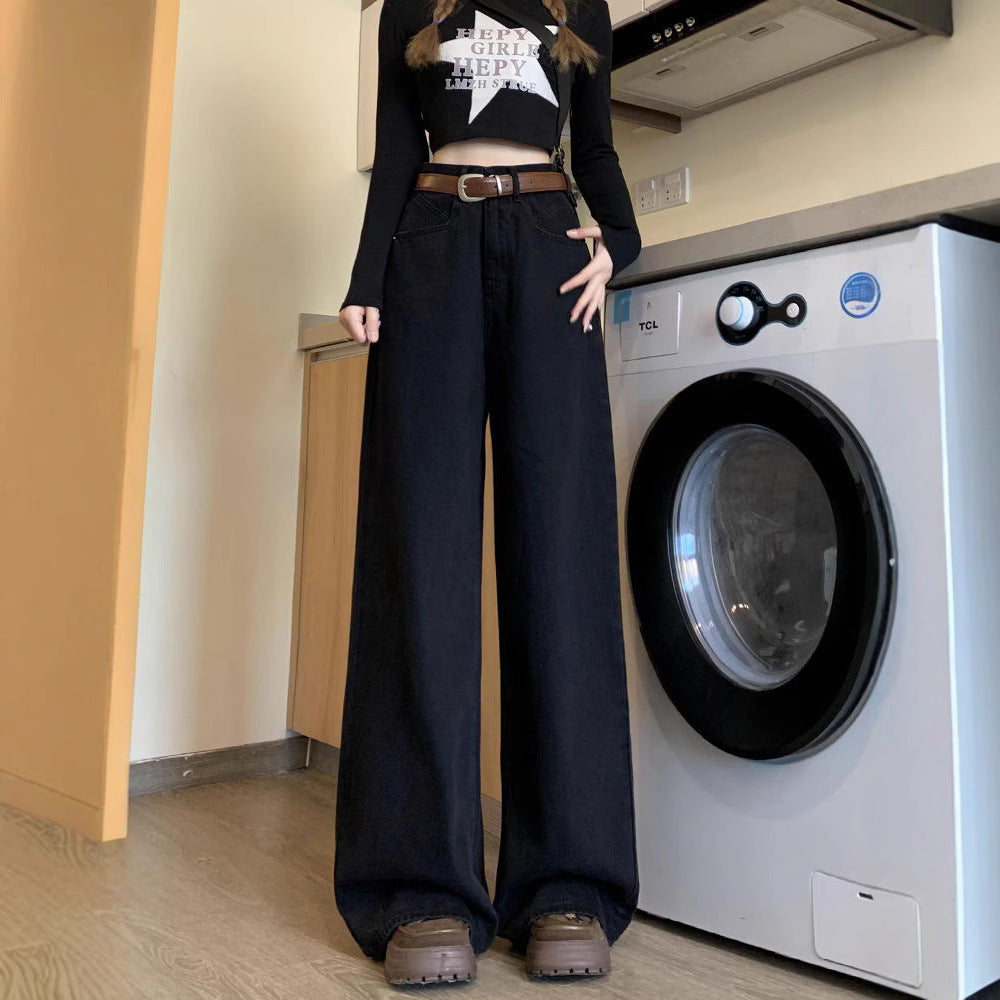 Spring New Design Black Retro Wide-Leg Jeans For Women High-Waisted Loose Slimming Straight-Leg Floor-Length Trousers