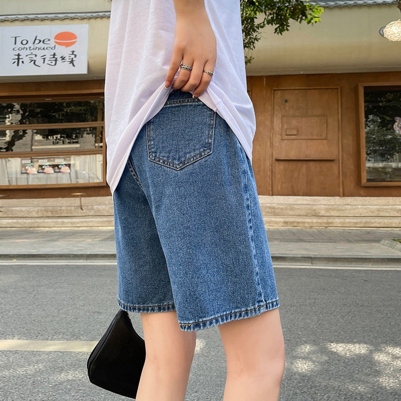 High Waist A- Line Casual Denim Shorts Women's Summer Thin Mid-Pants Large Size Chubby Girl Loose Straight Wide Leg Pants