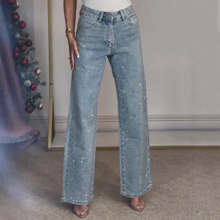 Foreign Trade European And American Amazon Women's Full Diamond Washed Jeans Women's High-End High-Waisted Straight Pants Sexy Pants