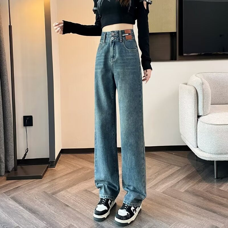 Hong Kong Style Trendy Jeans Women's Spring Summer Autumn New High Waist Wide Leg Narrow Straight Pants Slim Look High Leg Long All-match