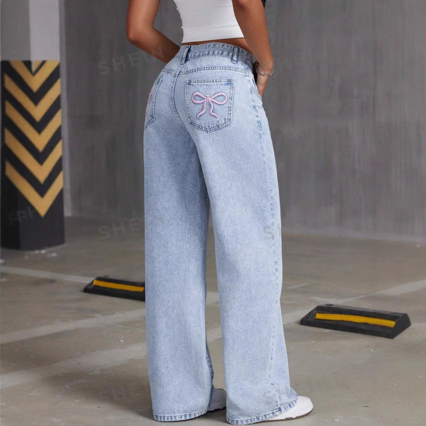 Cross-Border Shein Amazon Bow Embroidered Jeans For Women, Sweet And Spicy Style High-Waisted Straight Pants, Loose Pants