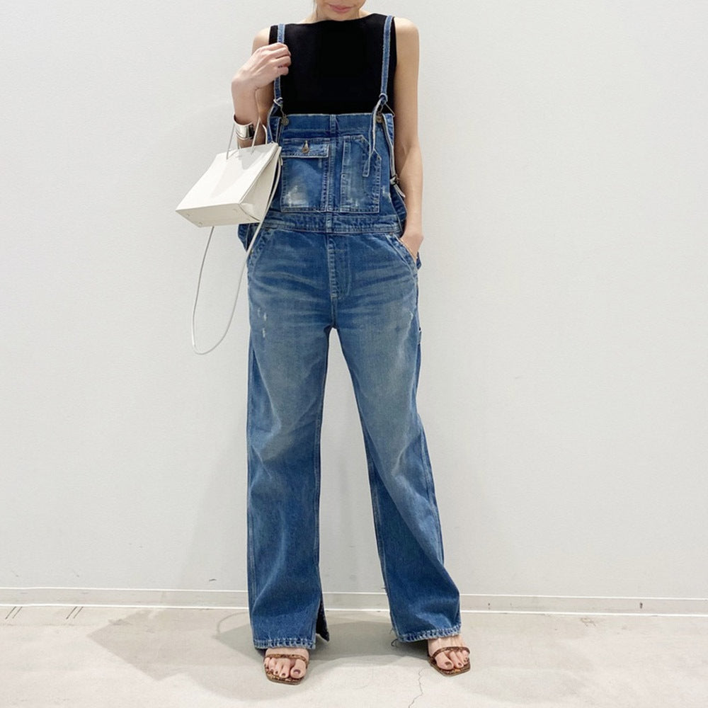 In Stock 2024 Spring And Summer Women's Jeans Suspender Pants Foot Split Straight Cylinder Suspender Pants Vintage Multi-Pocket Cock Pants