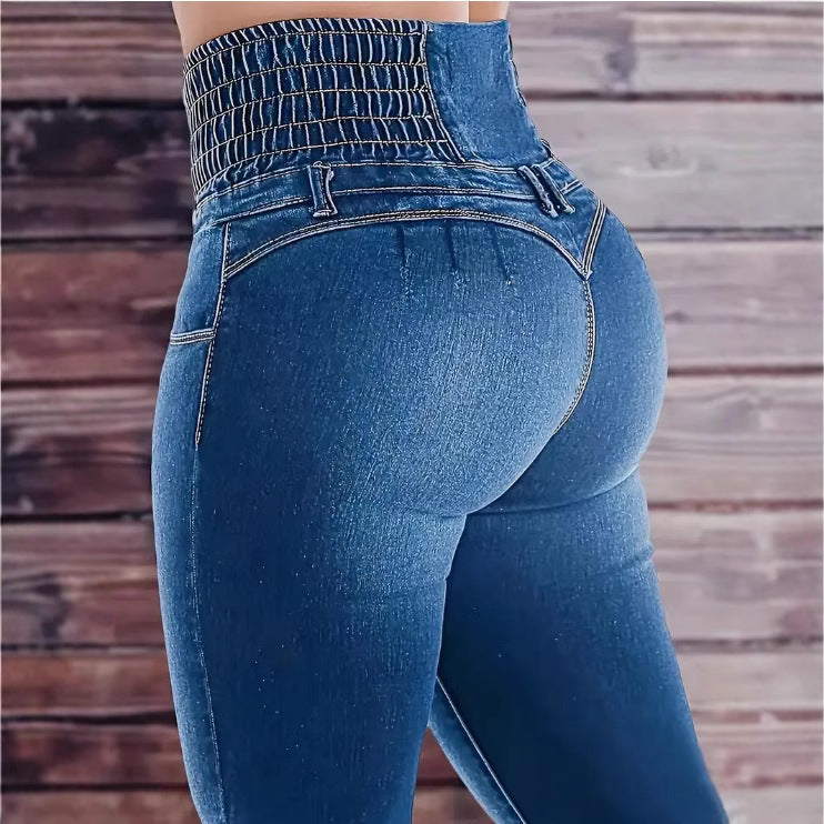 2024 European And American Cross-border TEMU New High Waist Slim-fit Slim-fit Slim-fit Stretch-row Women's Micro-Denim Trousers