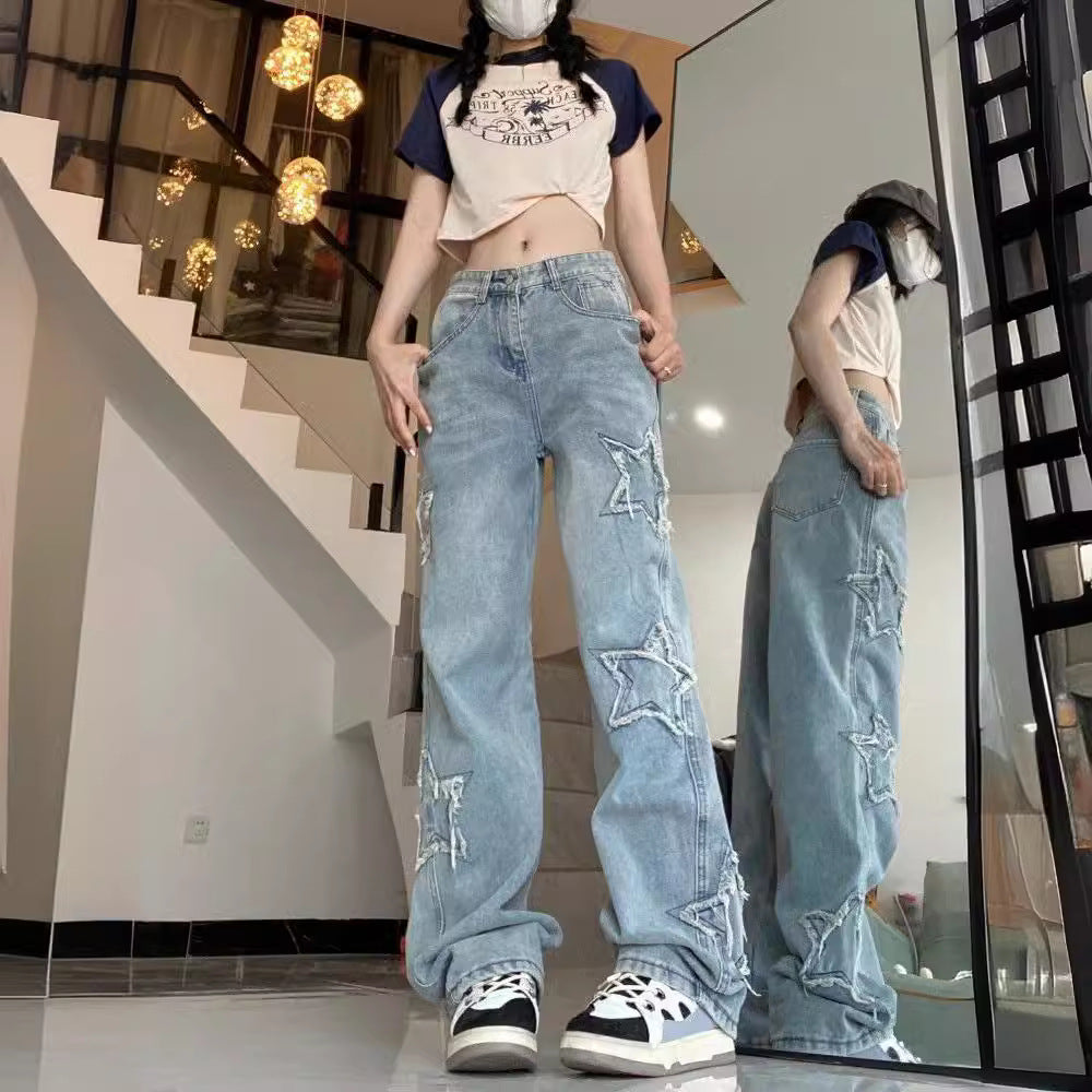 Five-Pointed Star Patch Jeans For Women Spring And Summer New Embroidered High-Waisted Loose Wide-Leg Pants Straight-Leg Floor-Length Pants Trendy