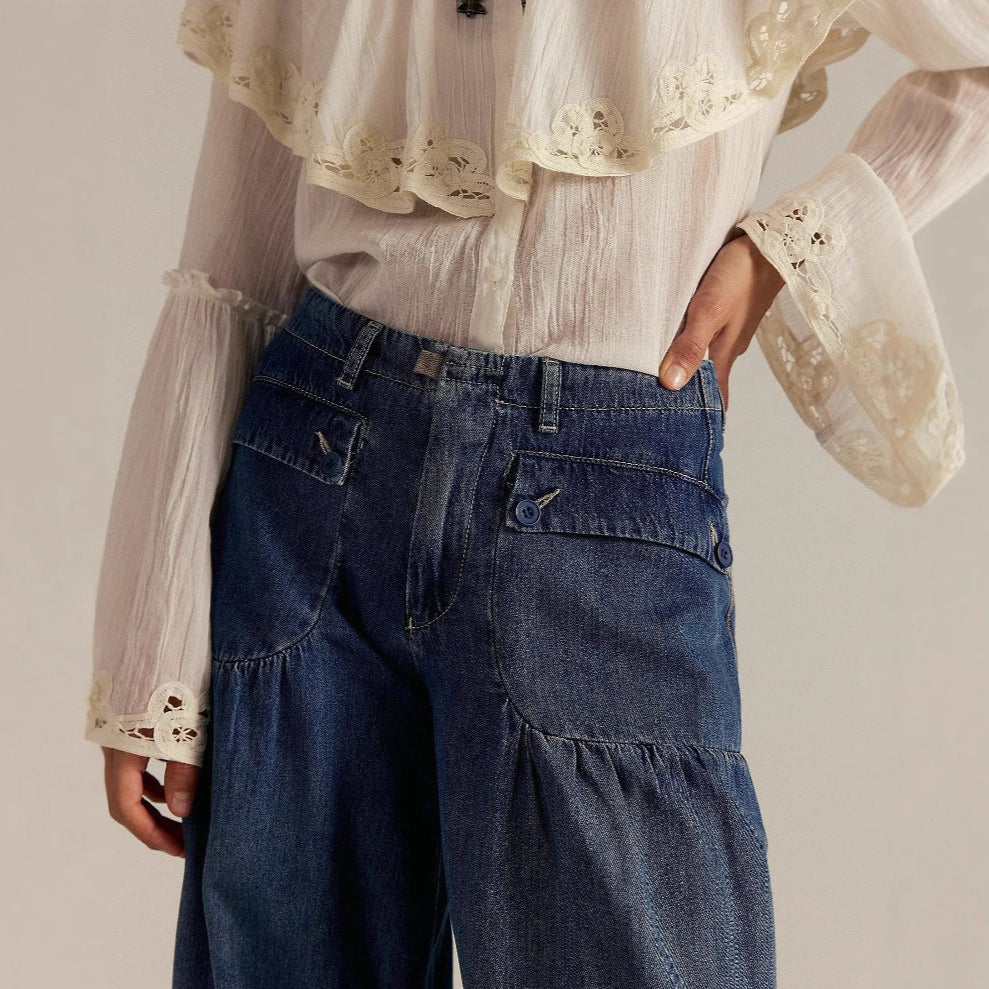 2025 Independent Station New Pleated Mid-Waist Loose Wide-Leg Lotus Jeans For Women