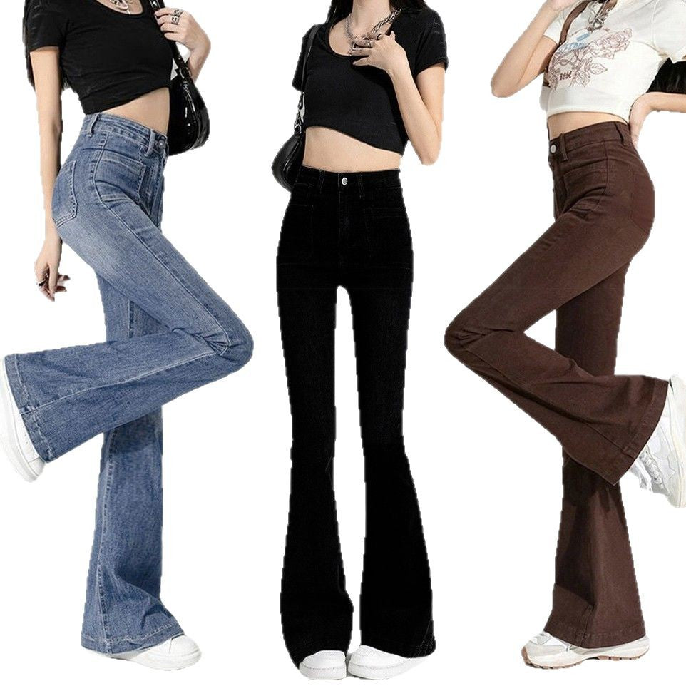 High-Elastic Multicolor Double-Pocket Flared Pants Hot Girl Slim-Fit Jeans