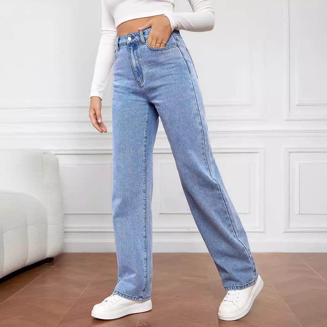 New Amazon Aliexpress Cross-Border European And American Women's Jeans Women's High-Waist Slim Straight Denim Trousers Hot Style