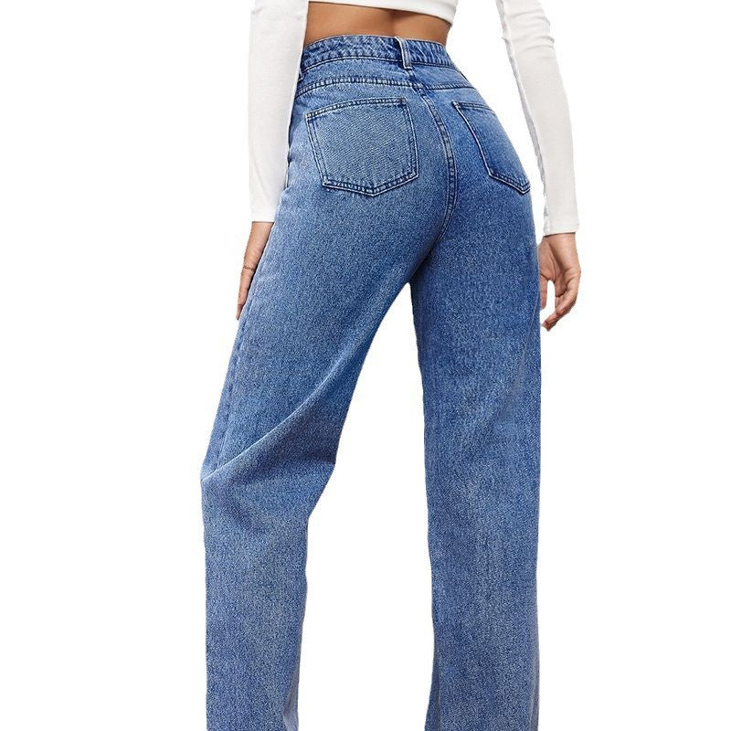 New Amazon Aliexpress Cross-Border European And American Women's Jeans Women's High-Waist Slim Straight Denim Trousers Hot Style
