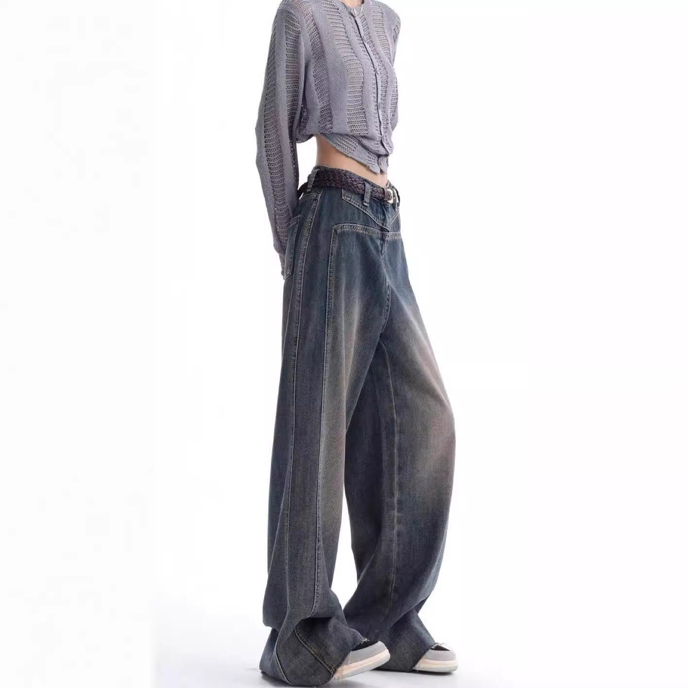 American High Street Retro Distressed Wide-Leg Jeans For Women In Autum 2025 New Mid-High Waist Fashionable Slim Floor-Length Pants