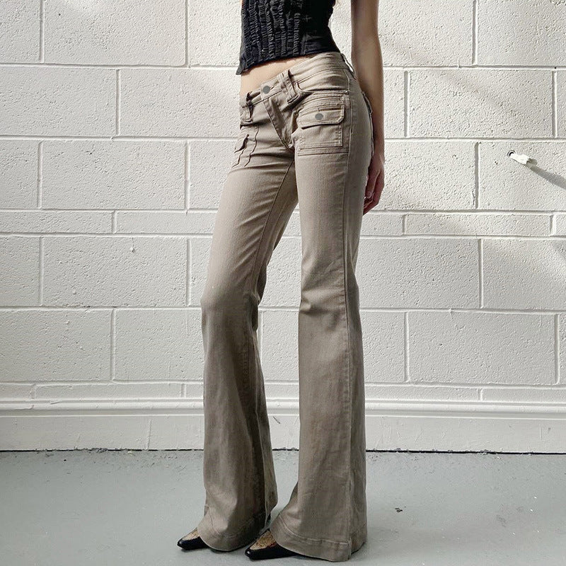 Sexy Spice Girl Low-waisted Slim-fit Slimming Pocket Flared Pants Women's Light Industrial Wear Cool Casual Jeans For Autumn 2024