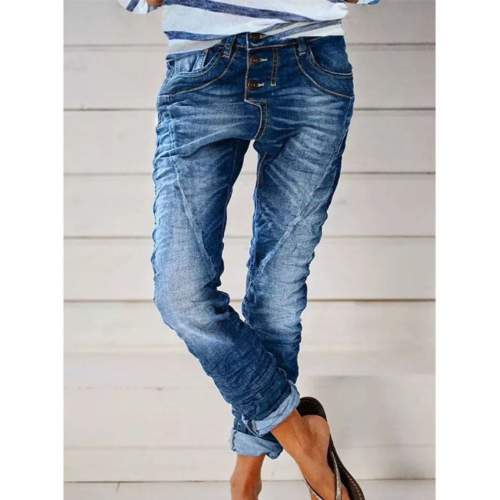 2022 New Product Cross-Border European And American Ripped Denim Drawstring Elastic Waist Washed Casual Pants For Women Trendy