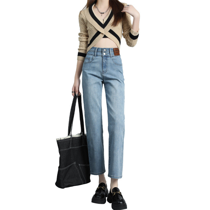 2025 Spring And Summer Hot Style Tall And Slim Straight-Leg Nine-Point Jeans Women's Fashionable High Waist Leg-Length Cigarette Pants