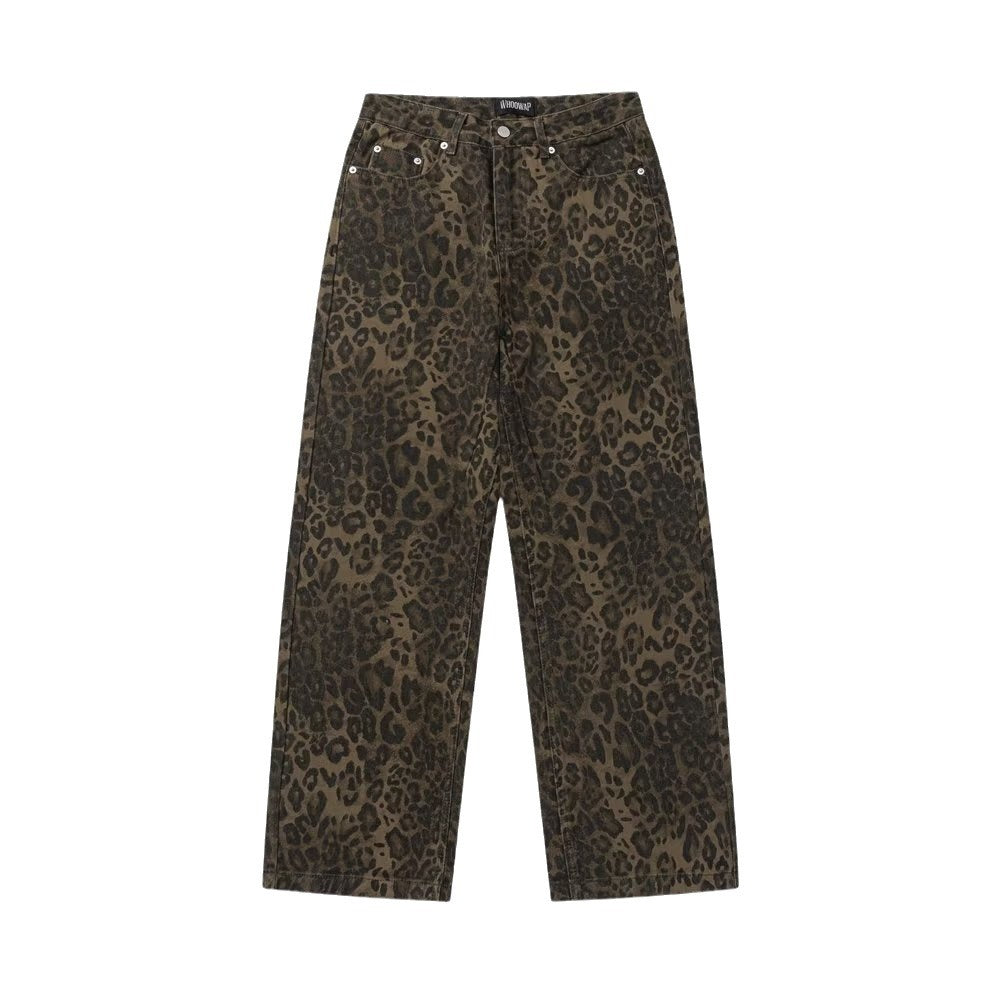 2023 New Original American Retro Leopard Print Jeans Straight Loose Men's And Women's Autumn And Winter Trendy Leopard Print Casual Pants