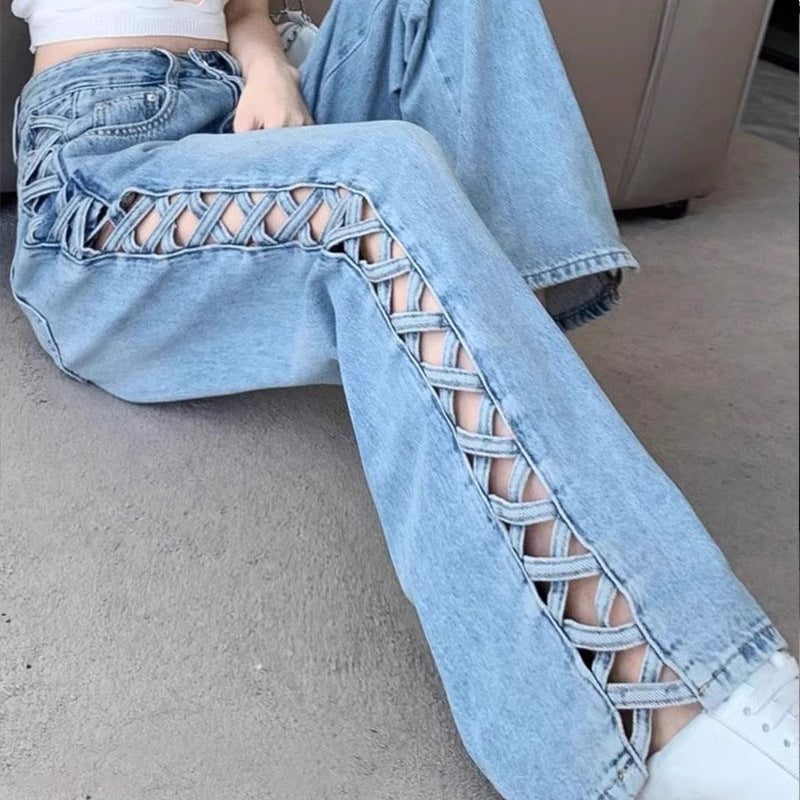 American-style Hollow-out Wide-leg Jeans Women's Spring/Summer 2024 Design Sense Slim-fit All-match Thin High Waist Trousers