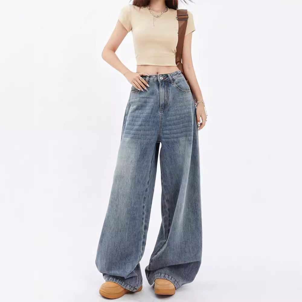 American Style Lazy Wide Leg Jeans Women's Autumn 2024 New High Waist Loose Slimming Straight Pants