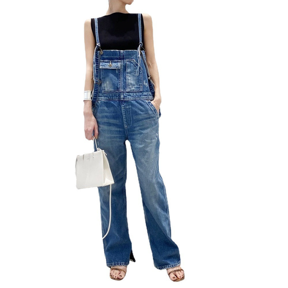 In Stock 2024 Spring And Summer Women's Jeans Suspender Pants Foot Split Straight Cylinder Suspender Pants Vintage Multi-Pocket Cock Pants
