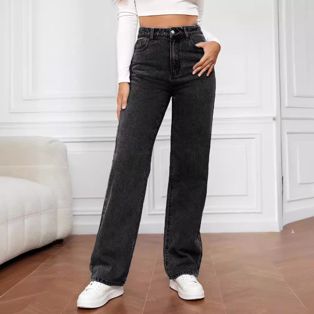 New Amazon Aliexpress Cross-Border European And American Women's Jeans Women's High-Waist Slim Straight Denim Trousers Hot Style