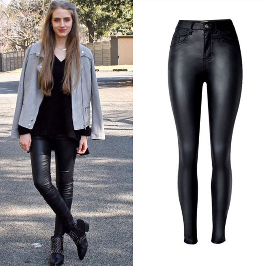 European And American Women's High-waist Slim-fit Stretch-coated Leather-like Pants Denim Leggings PU Pocket For Bike Easy-fit Large Size