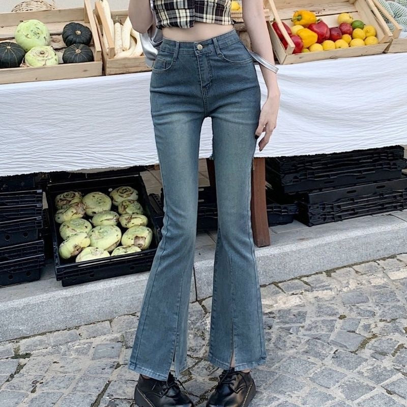 [Lightning Warehouse] Retro Micro-Flared Design Niche Slimming Look Jeans Women's Slim Stretch Nine-Point Pants Ins Trendy People