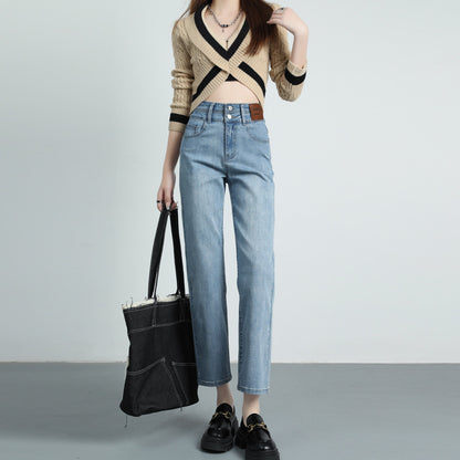 2025 Spring And Summer Hot Style Tall And Slim Straight-Leg Nine-Point Jeans Women's Fashionable High Waist Leg-Length Cigarette Pants