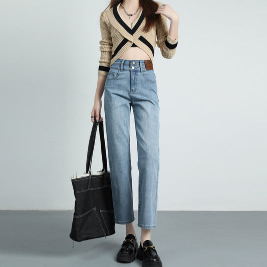 2025 Spring And Summer Hot Style Tall And Slim Straight-Leg Nine-Point Jeans Women's Fashionable High Waist Leg-Length Cigarette Pants